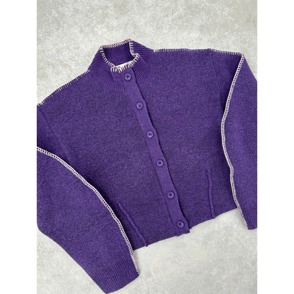 Zara Purple Whipstitch Knit Cardigan Mock Neck Button Front Sweater Womens M